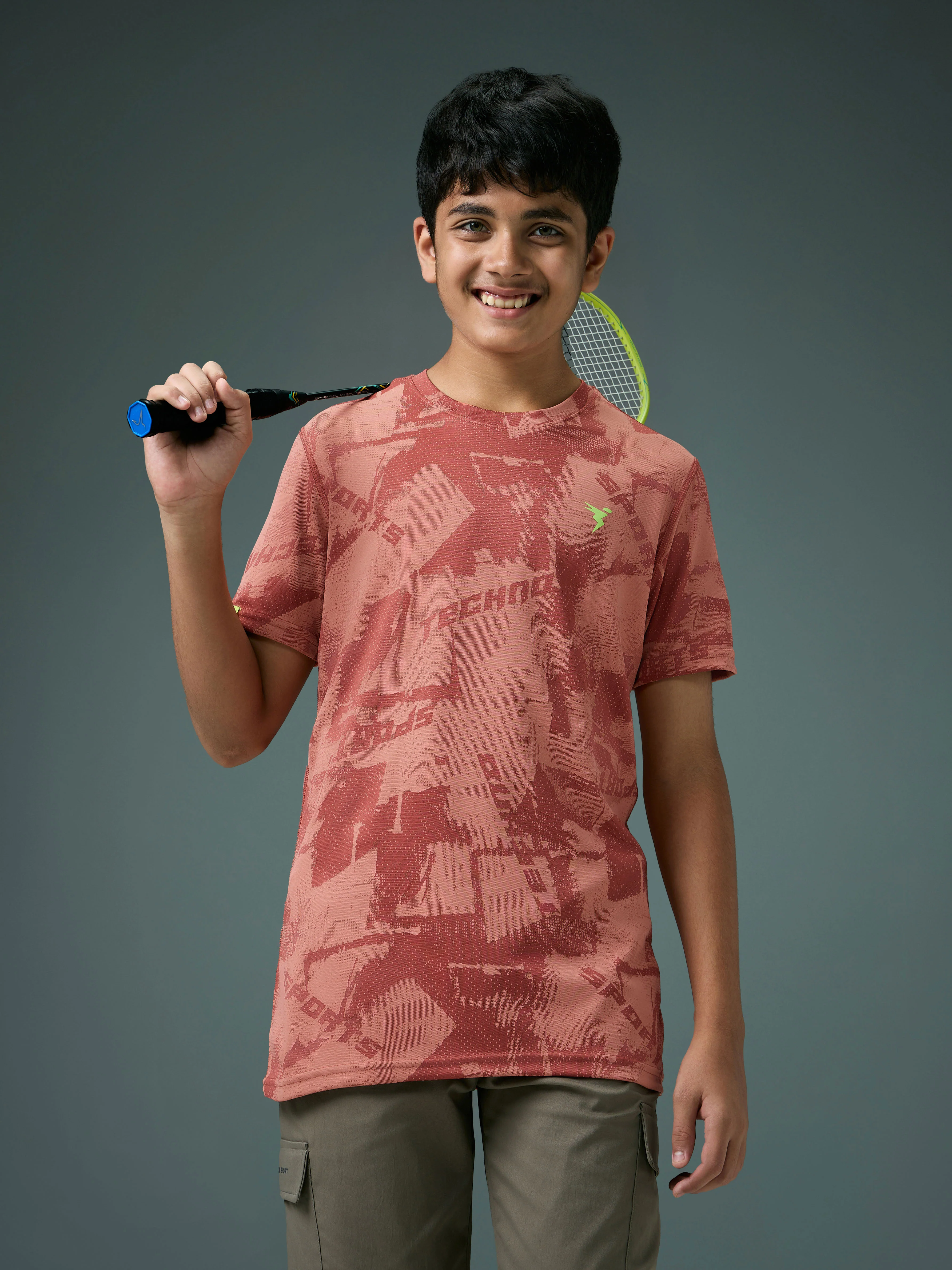Boys Self Design Slim Fit Crew Neck T-shirt with DOUBLE COOL
