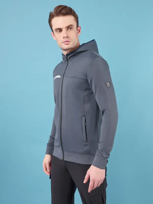 Men Solid Slim Fit Hooded Jacket with TECHNO DRY - Image 3