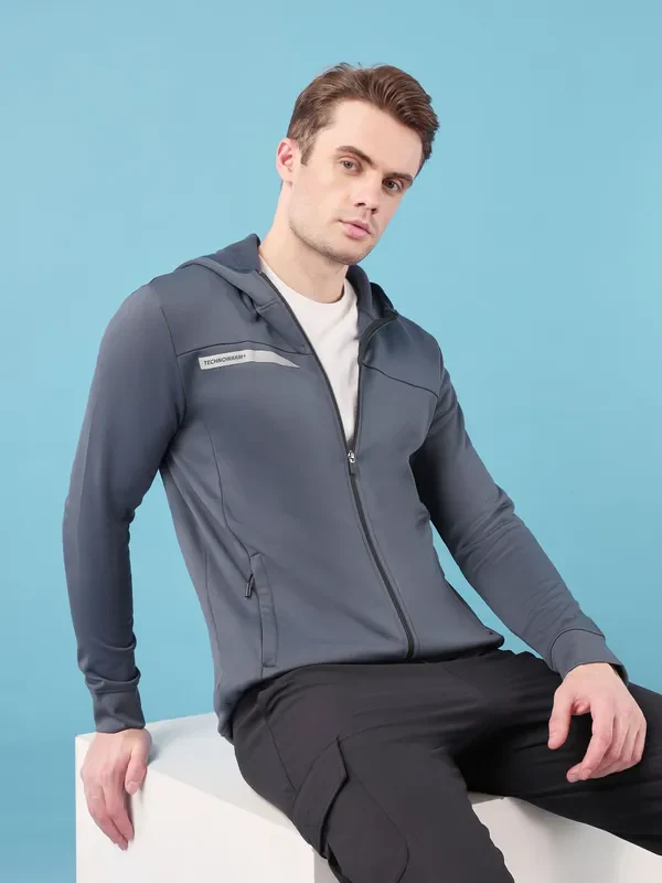 Men Solid Slim Fit Hooded Jacket with TECHNO DRY - Image 6