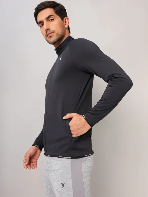 Men Solid Slim Fit Mock Neck Jacket with TECHNO DRY - Image 3