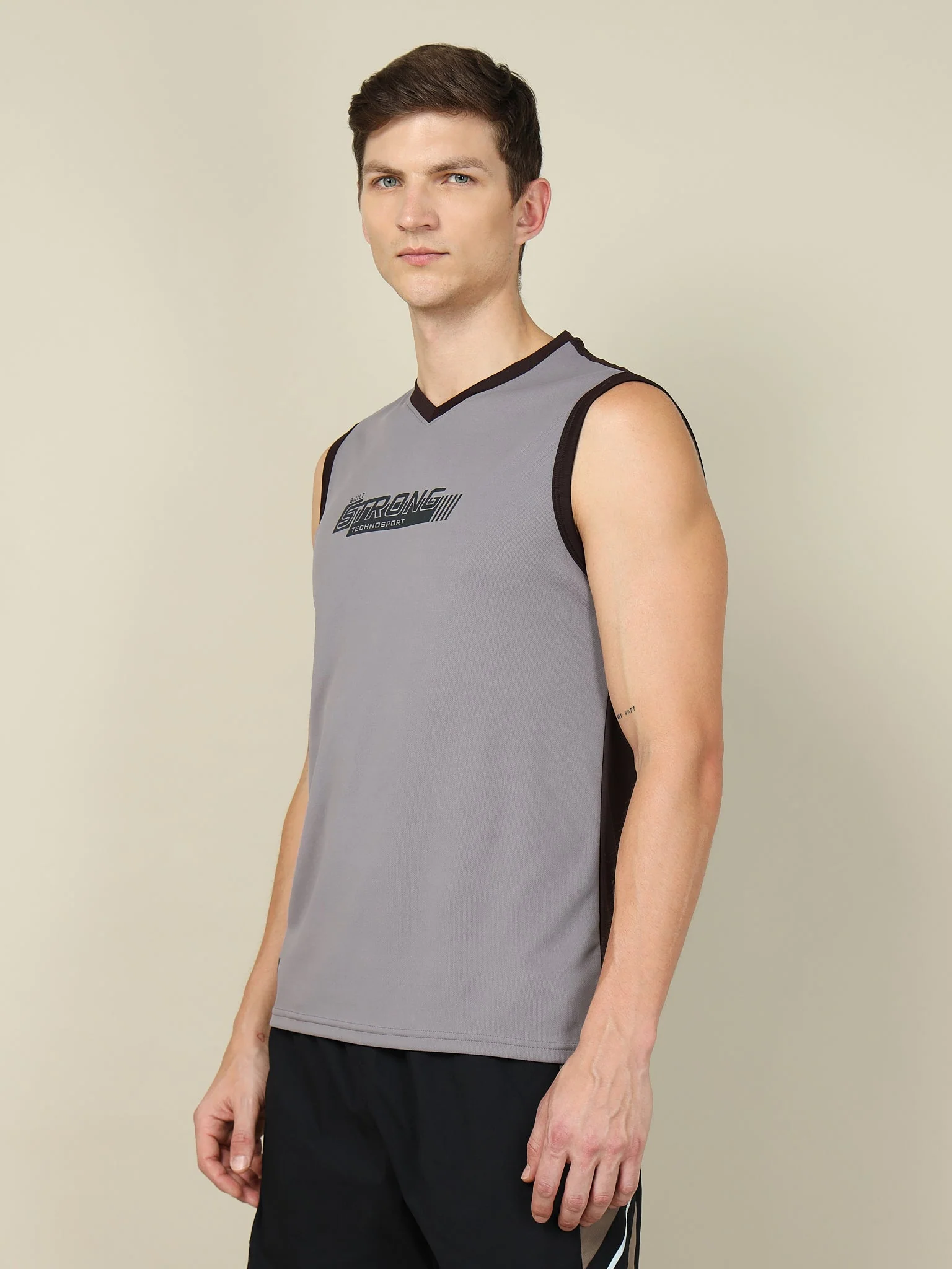 Men Solid Slim Fit V Neck Sleeveless T-shirt with TECHNO COOL + - Image 3