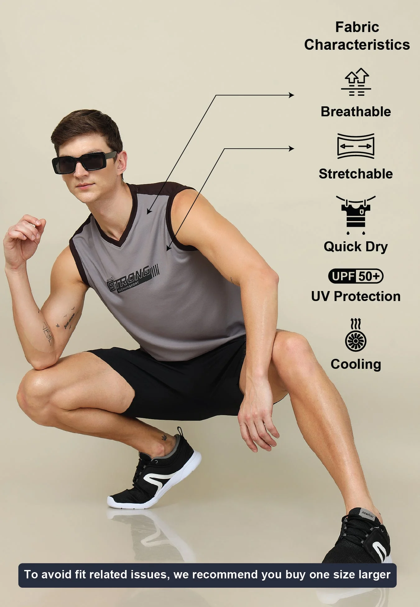 Men Solid Slim Fit V Neck Sleeveless T-shirt with TECHNO COOL + - Image 4