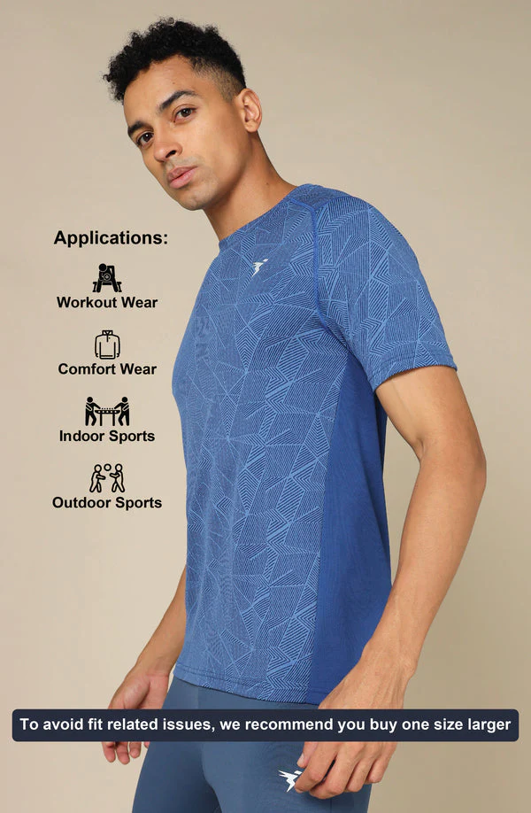 Men Self Design Slim Fit Crew Neck T-shirt with DOUBLE COOL - Image 5
