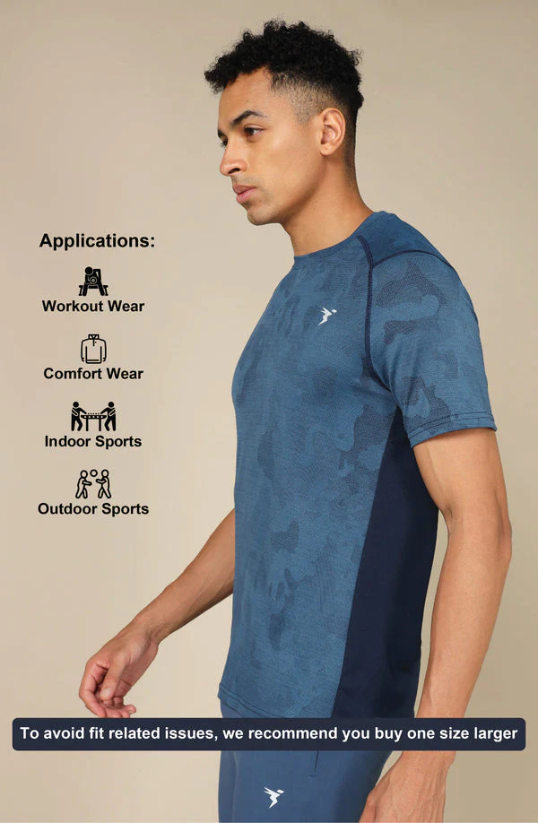 Men Self Design Slim Fit Crew Neck T-shirt with DOUBLE COOL - Image 5