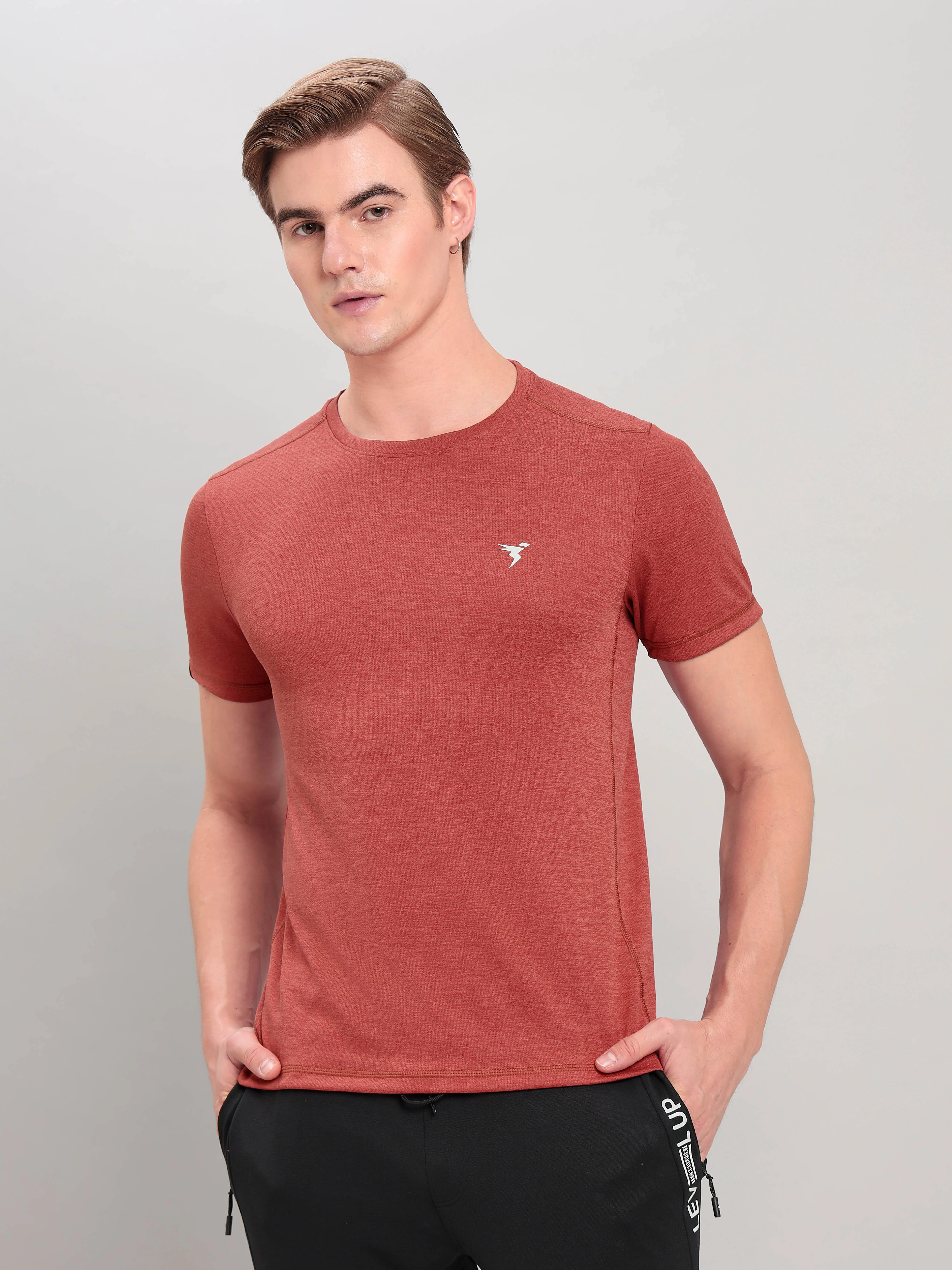 Men Solid Slim Fit Crew Neck T-shirt with DOUBLE COOL