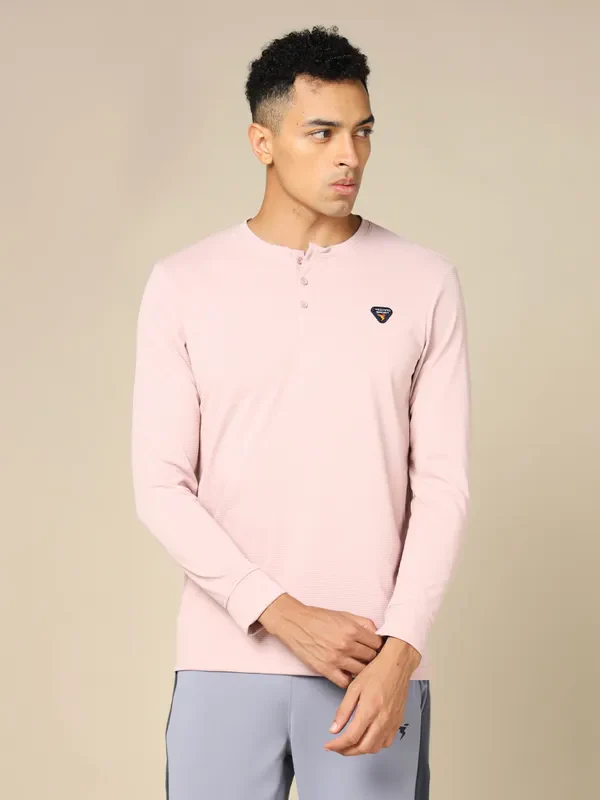 Men Self Design Slim Fit Henley Neck T-shirt with MATPIQ - Image 2