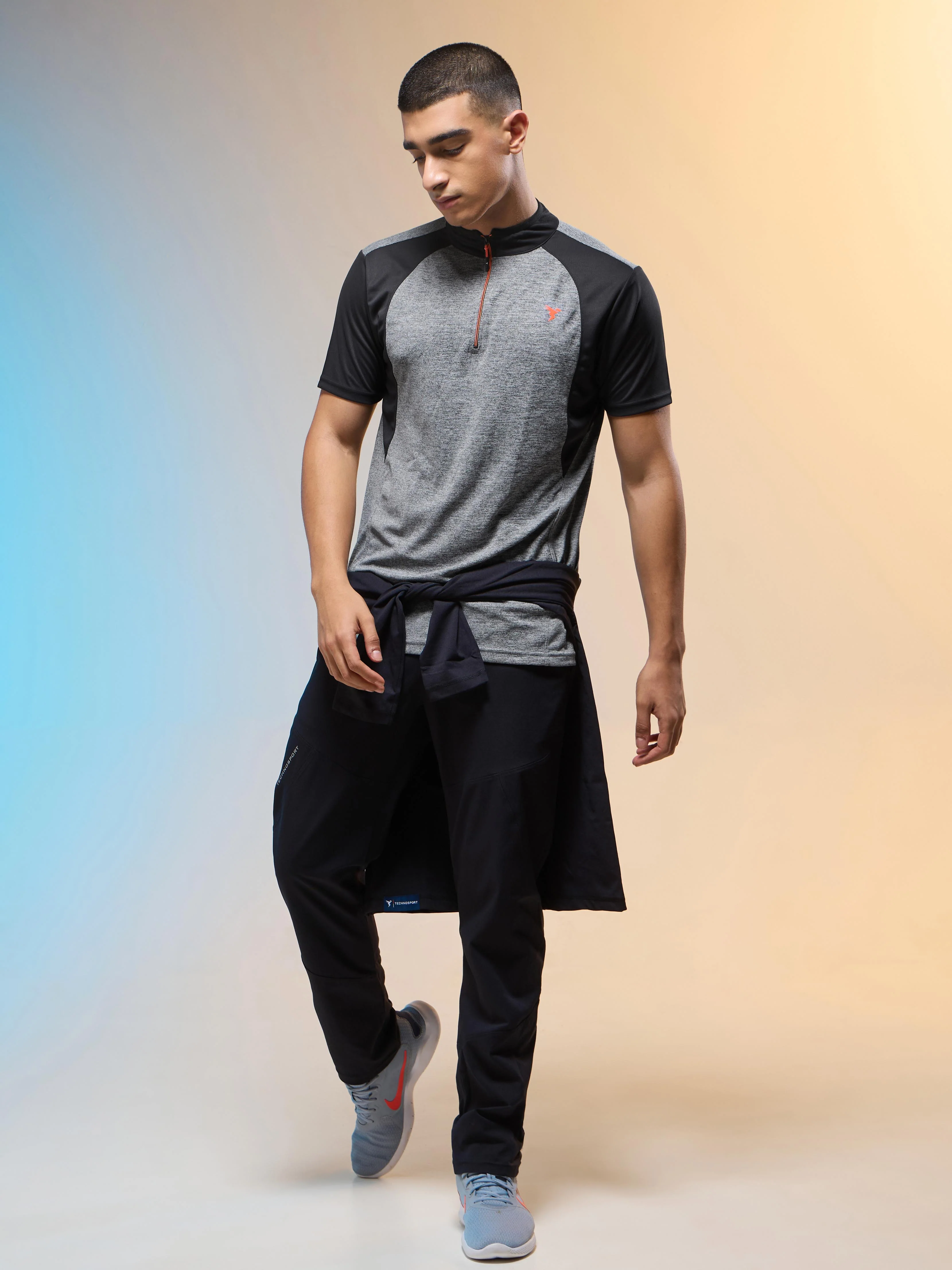 Men Melange Slim Fit Mock Neck T-shirt with TECHNO COOL+ - Image 5