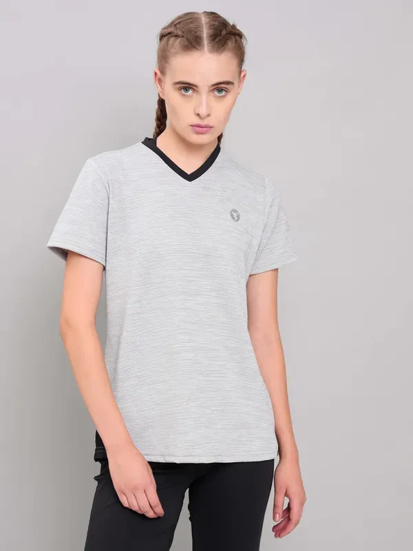 Women Solid Slim Fit V Neck T-shirt with DOUBLE COOL