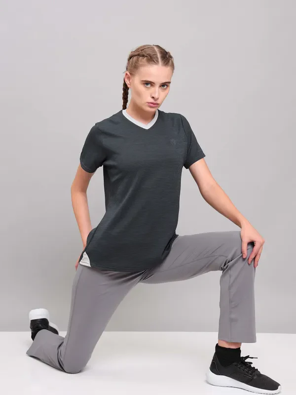 Women Solid Slim Fit V Neck T-shirt with DOUBLE COOL - Image 3