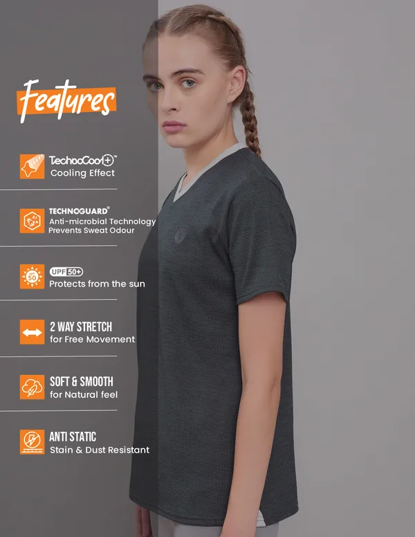 Women Solid Slim Fit V Neck T-shirt with DOUBLE COOL - Image 4