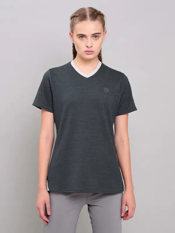 Women Solid Slim Fit V Neck T-shirt with DOUBLE COOL - Image 5