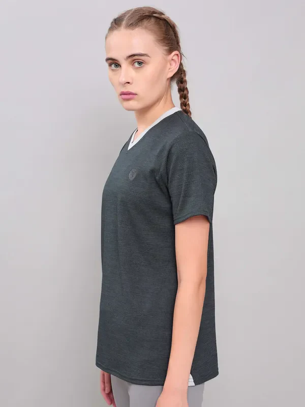 Women Solid Slim Fit V Neck T-shirt with DOUBLE COOL - Image 7