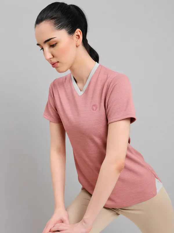 Women Solid Slim Fit V Neck T-shirt with DOUBLE COOL - Image 11