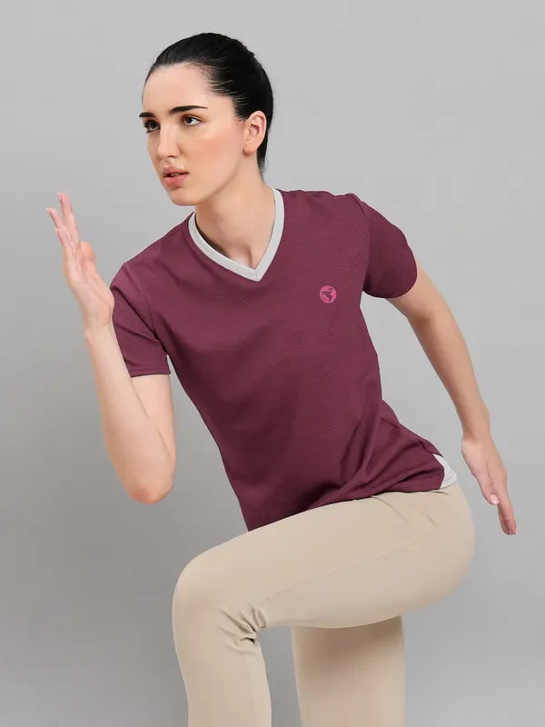 Women Solid Slim Fit V Neck T-shirt with DOUBLE COOL - Image 2
