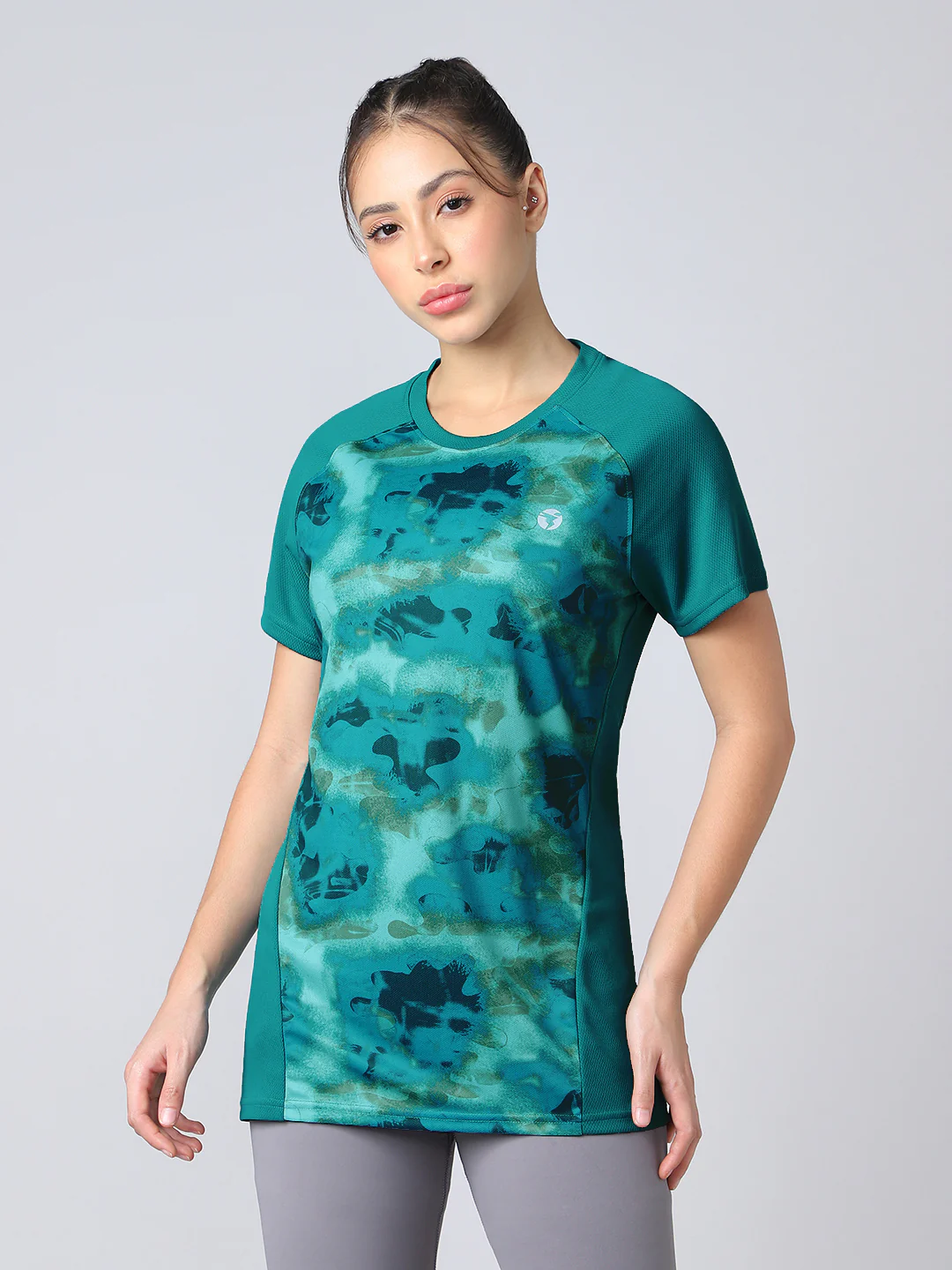 Women Abstract Print Slim Fit Crew Neck T-shirt with TECHNO COOL+ - Image 2