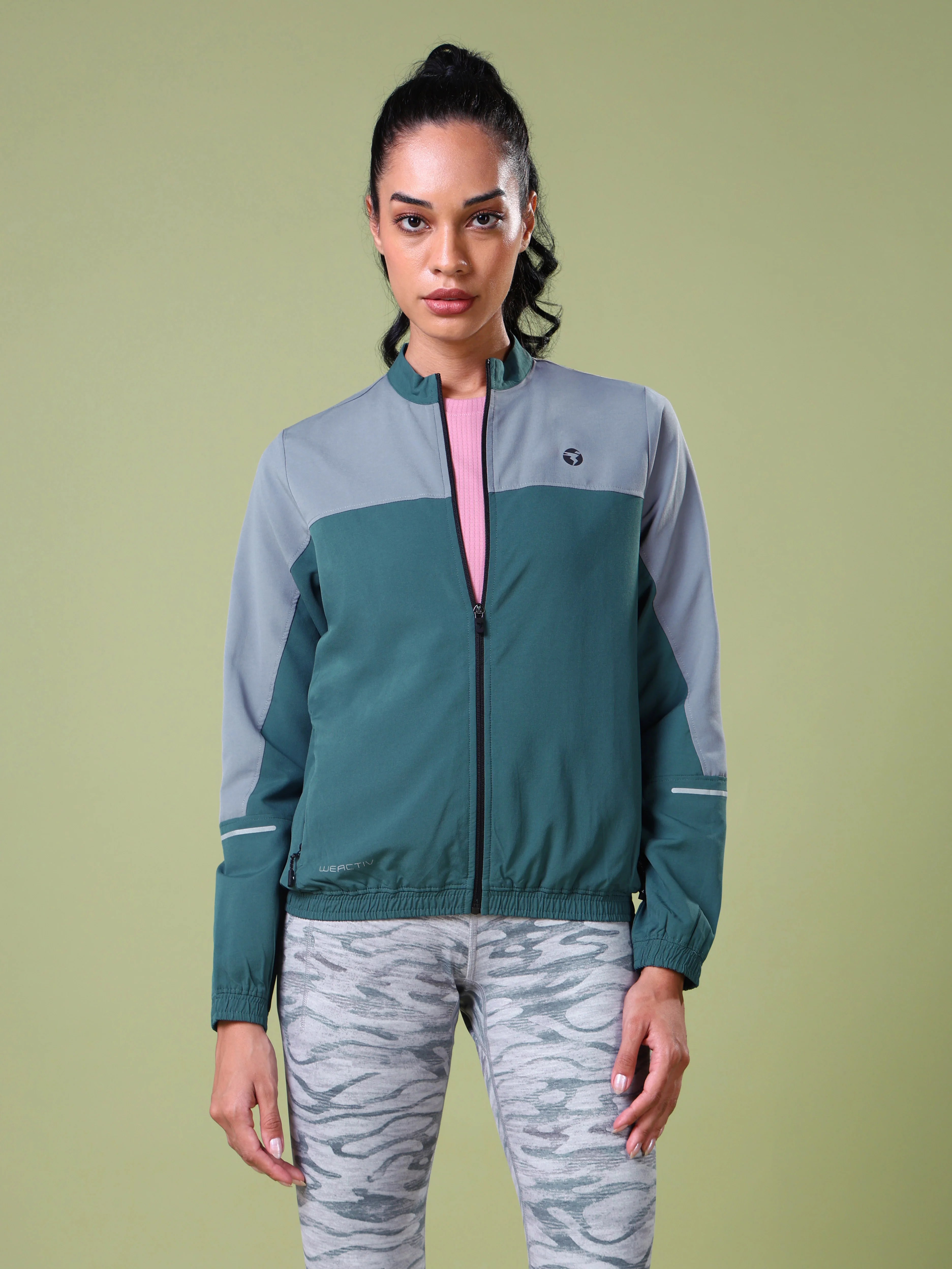 Women Colorblock Slim Fit Mock Neck Sports Jacket with TECHNOLITE - Image 3