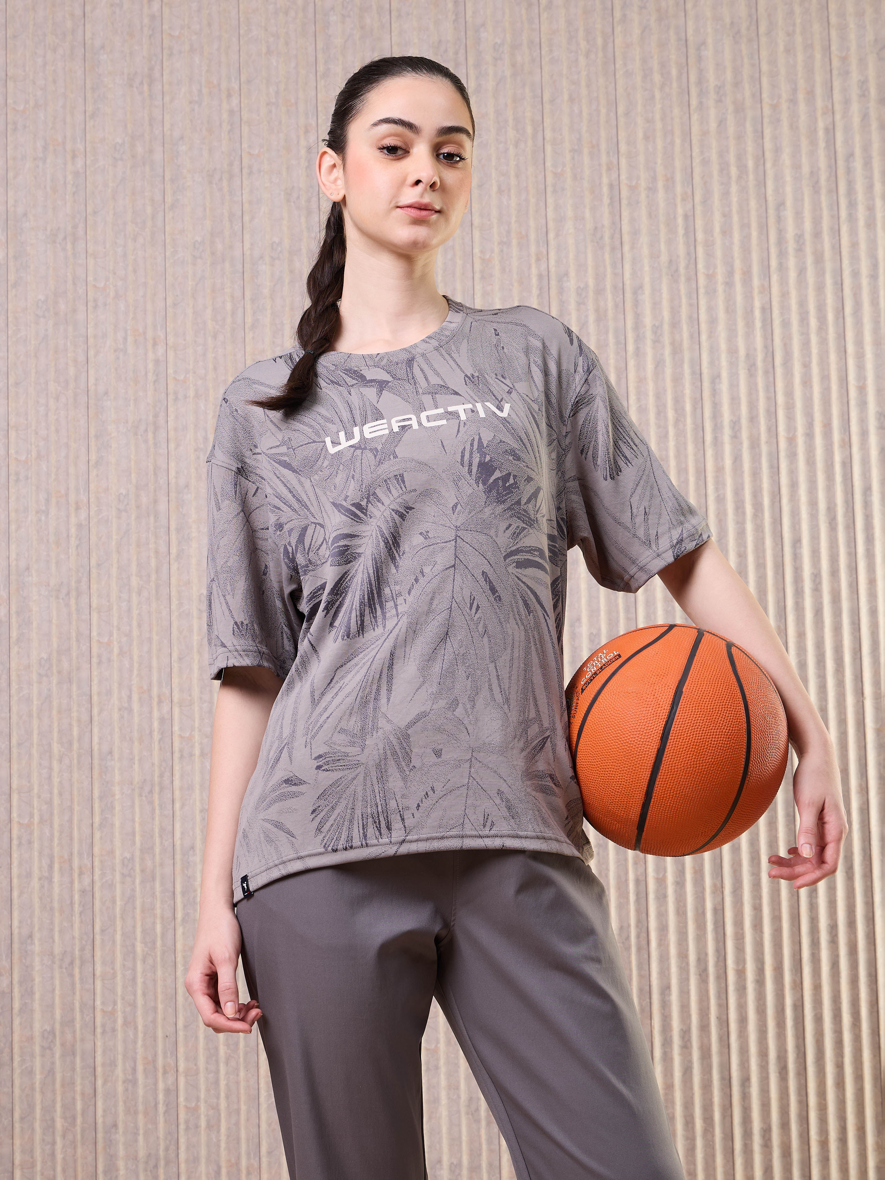 Women Jacquard Boxy Fit Round Neck T-shirt with DOUBLE COOL