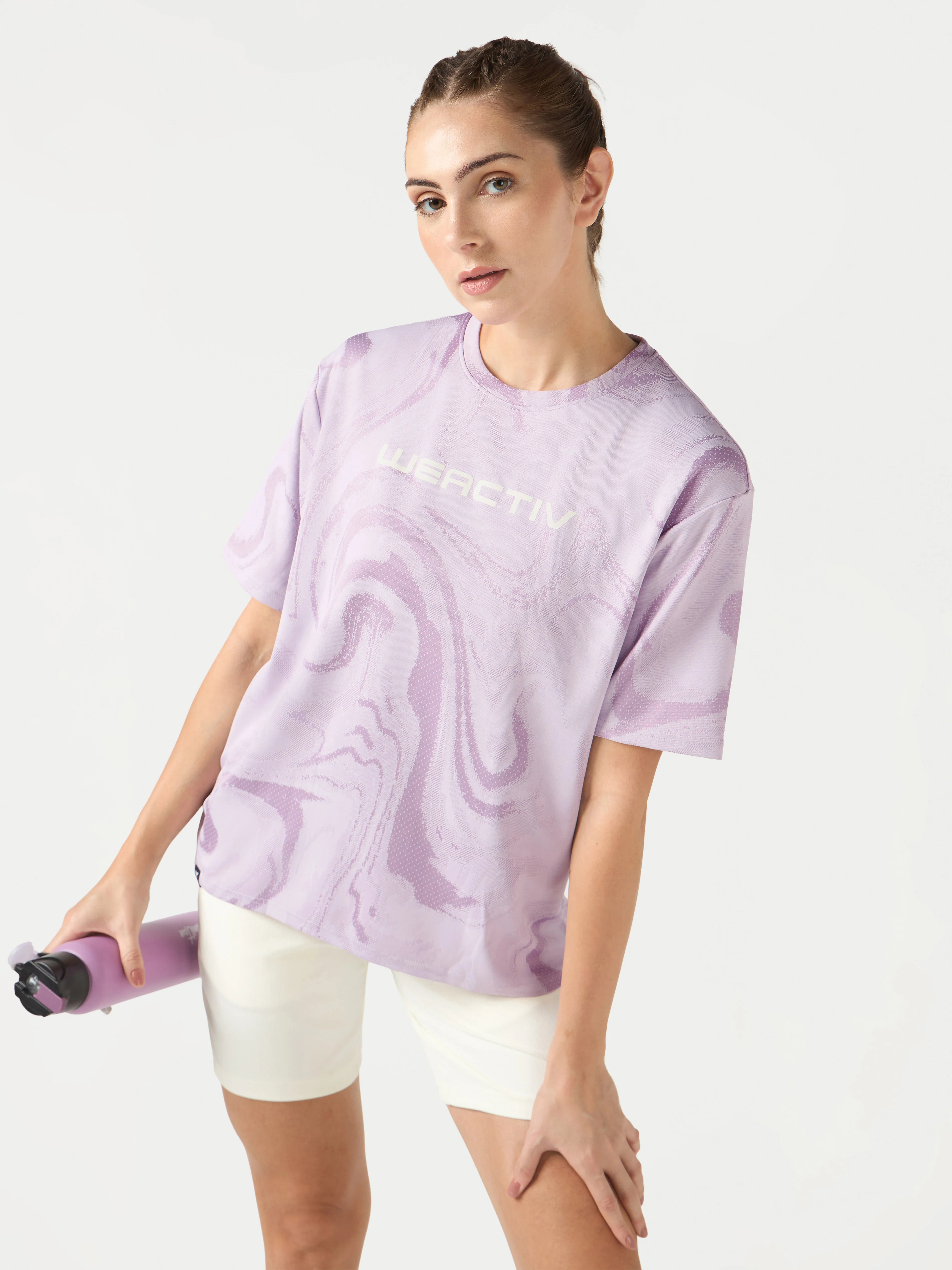 Women Jacquard Boxy Fit Round Neck T-shirt with DOUBLE COOL