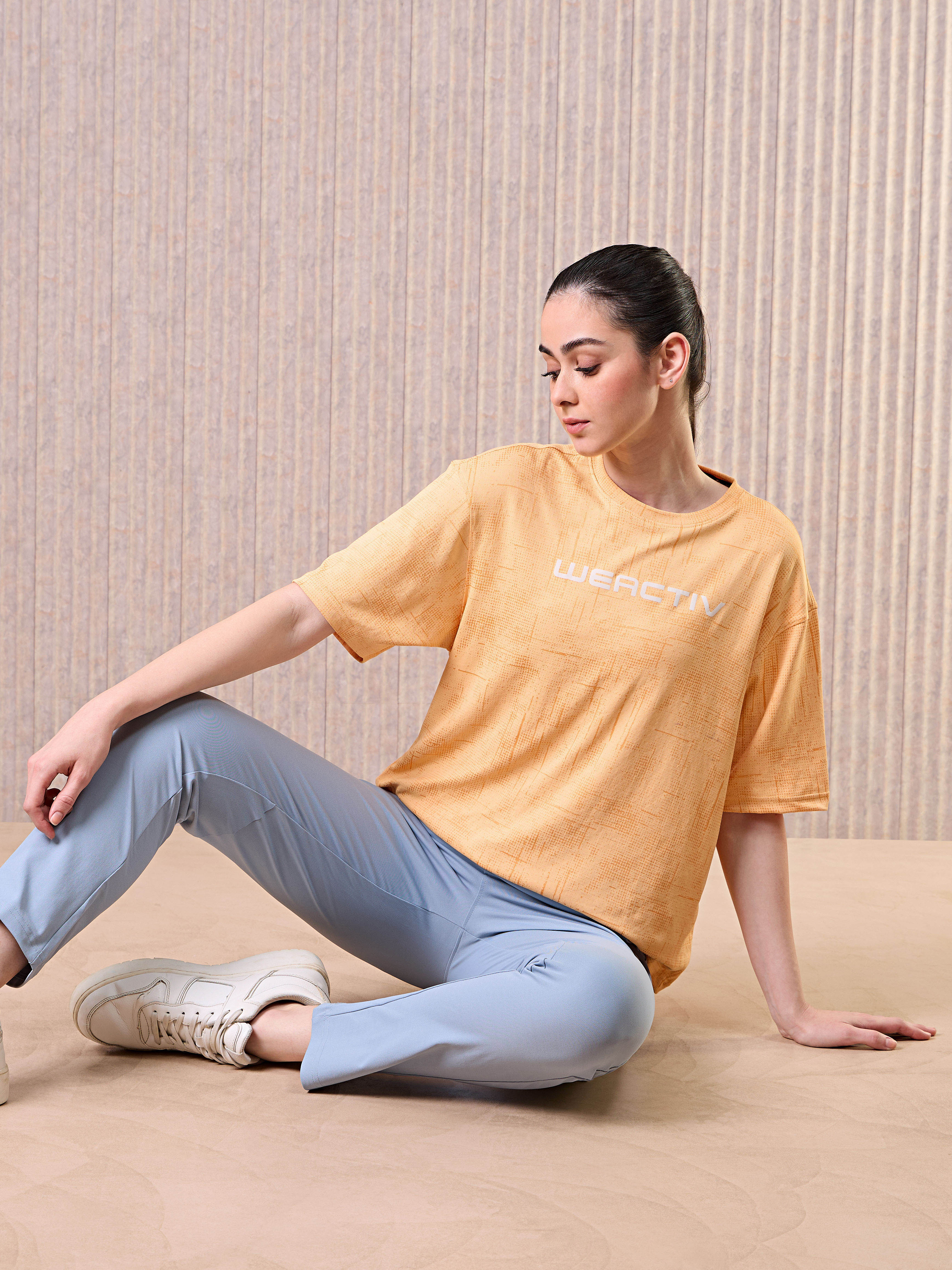 Women Jacquard Boxy Fit Round Neck T-shirt with DOUBLE COOL