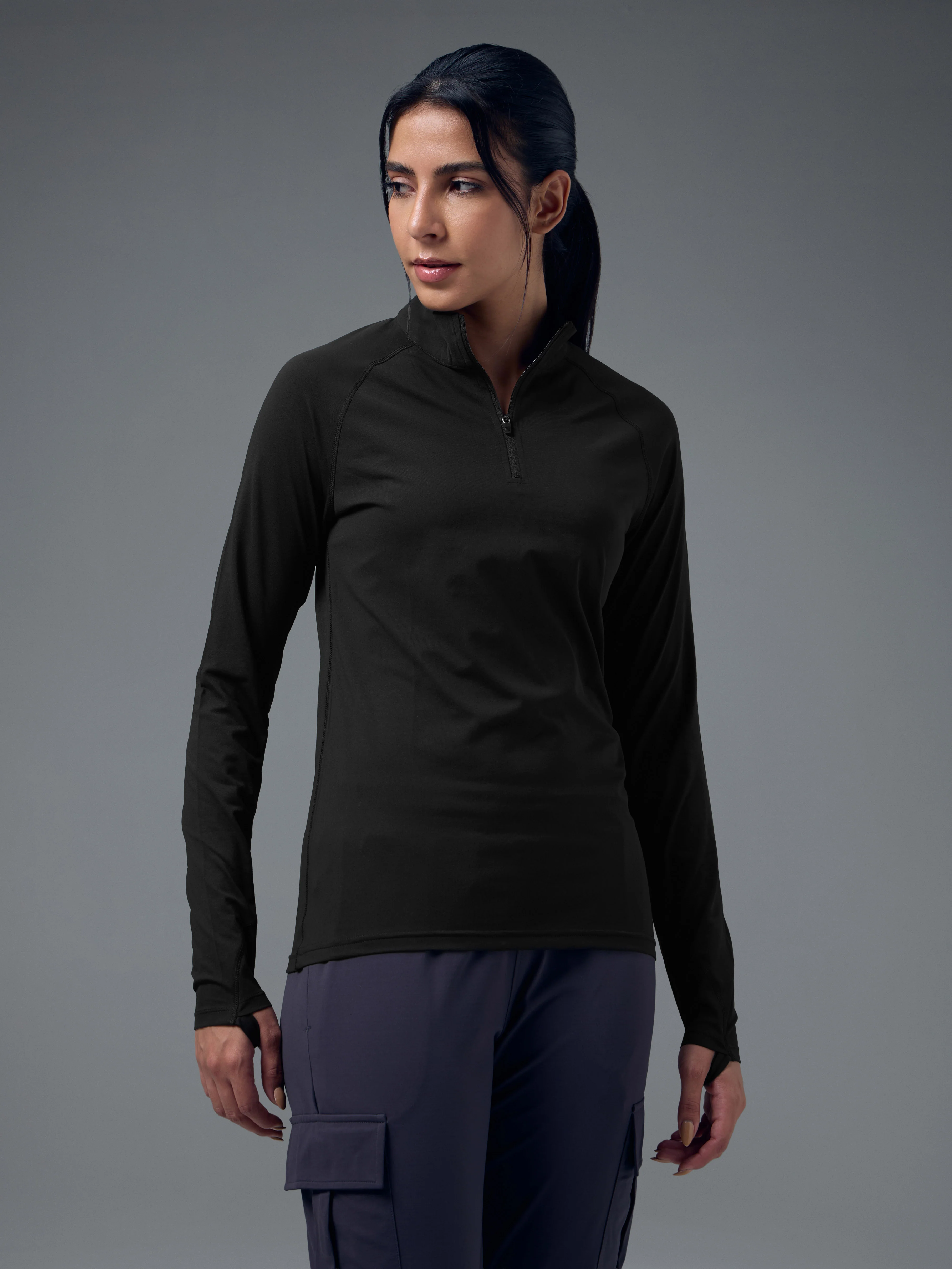 Women Slim Fit Mock Neck Thumbhole Sleeve Solid T-shirt with COTFLEX - Image 2