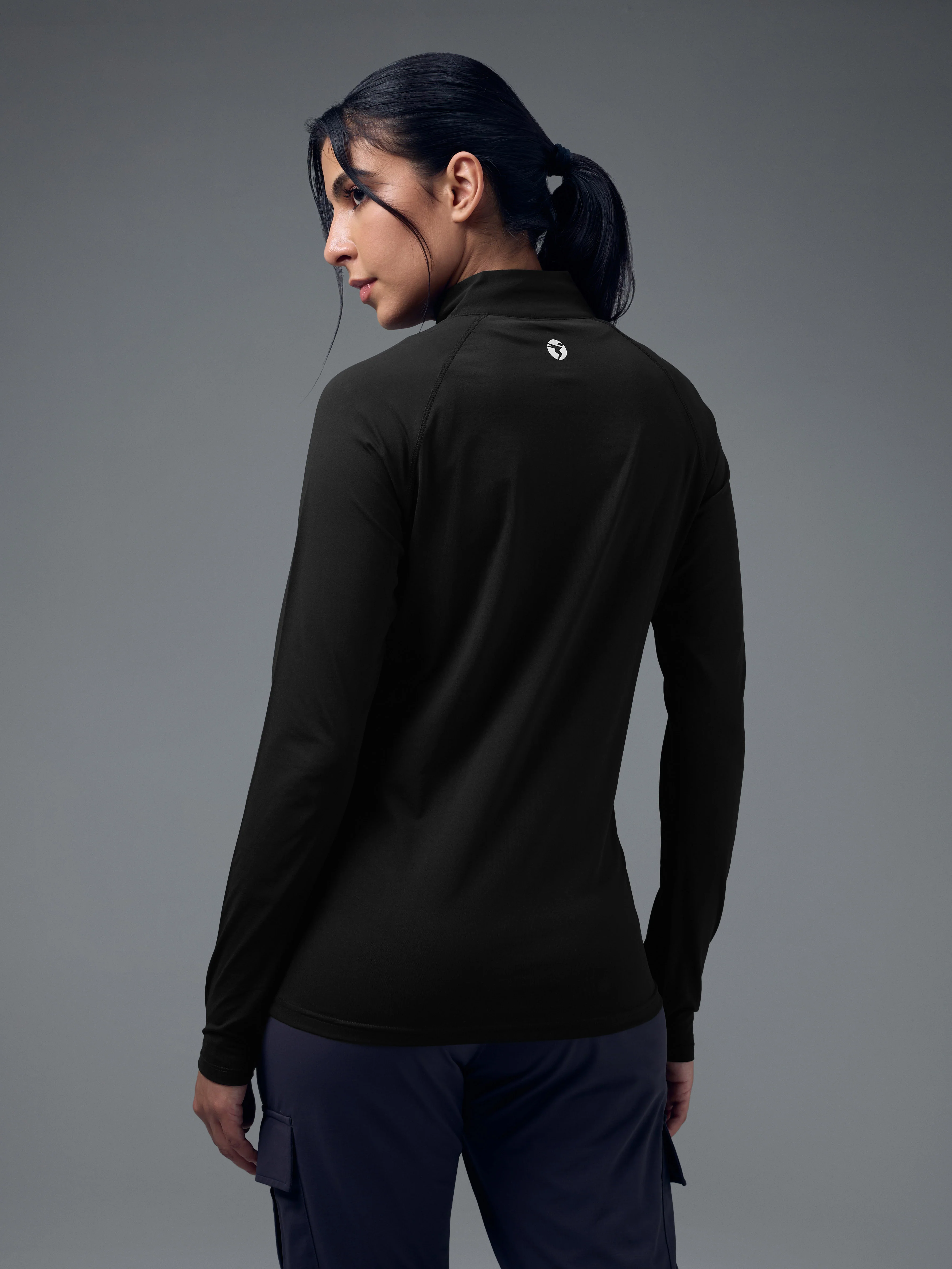 Women Slim Fit Mock Neck Thumbhole Sleeve Solid T-shirt with COTFLEX - Image 3