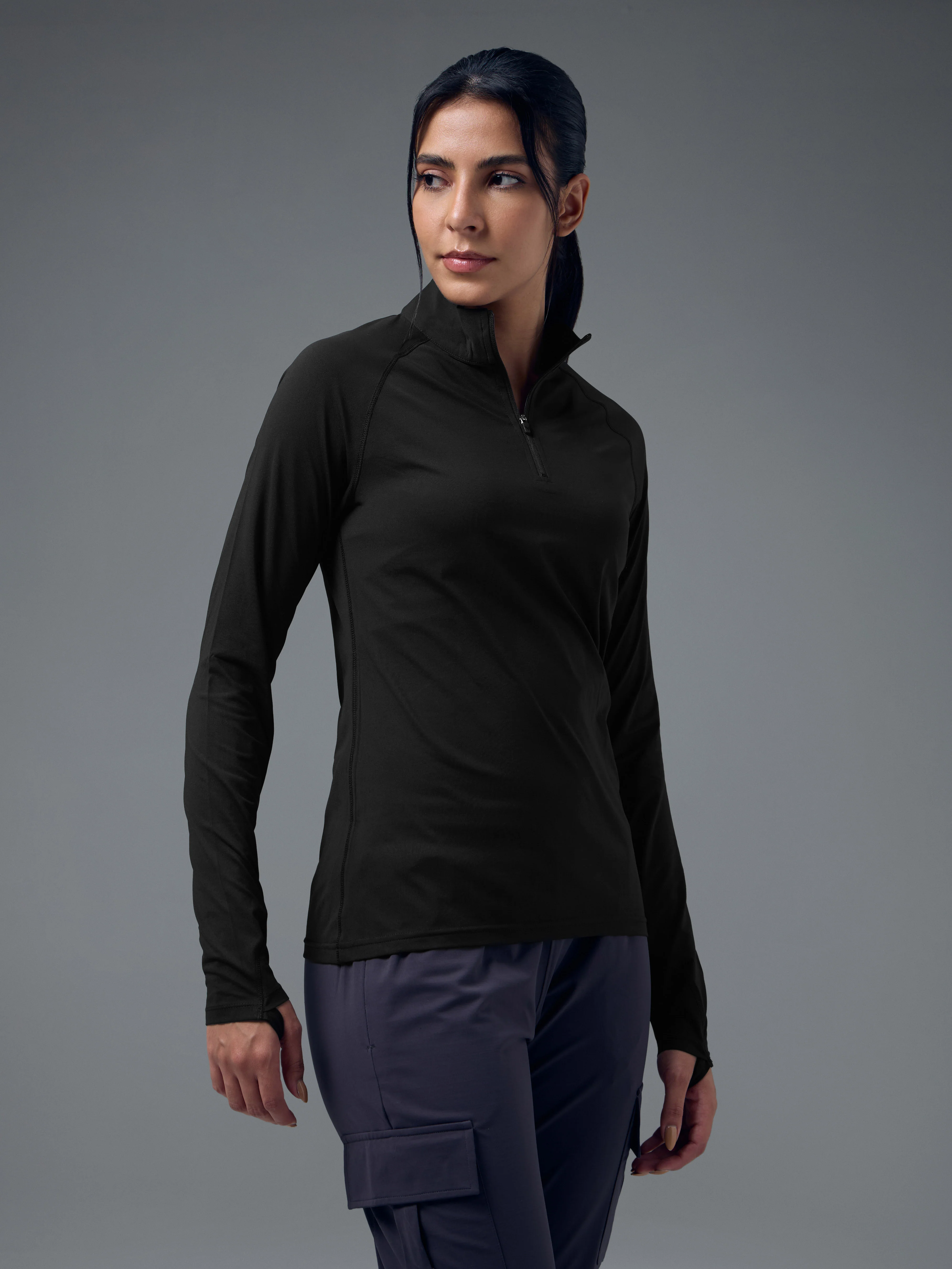 Women Slim Fit Mock Neck Thumbhole Sleeve Solid T-shirt with COTFLEX - Image 5