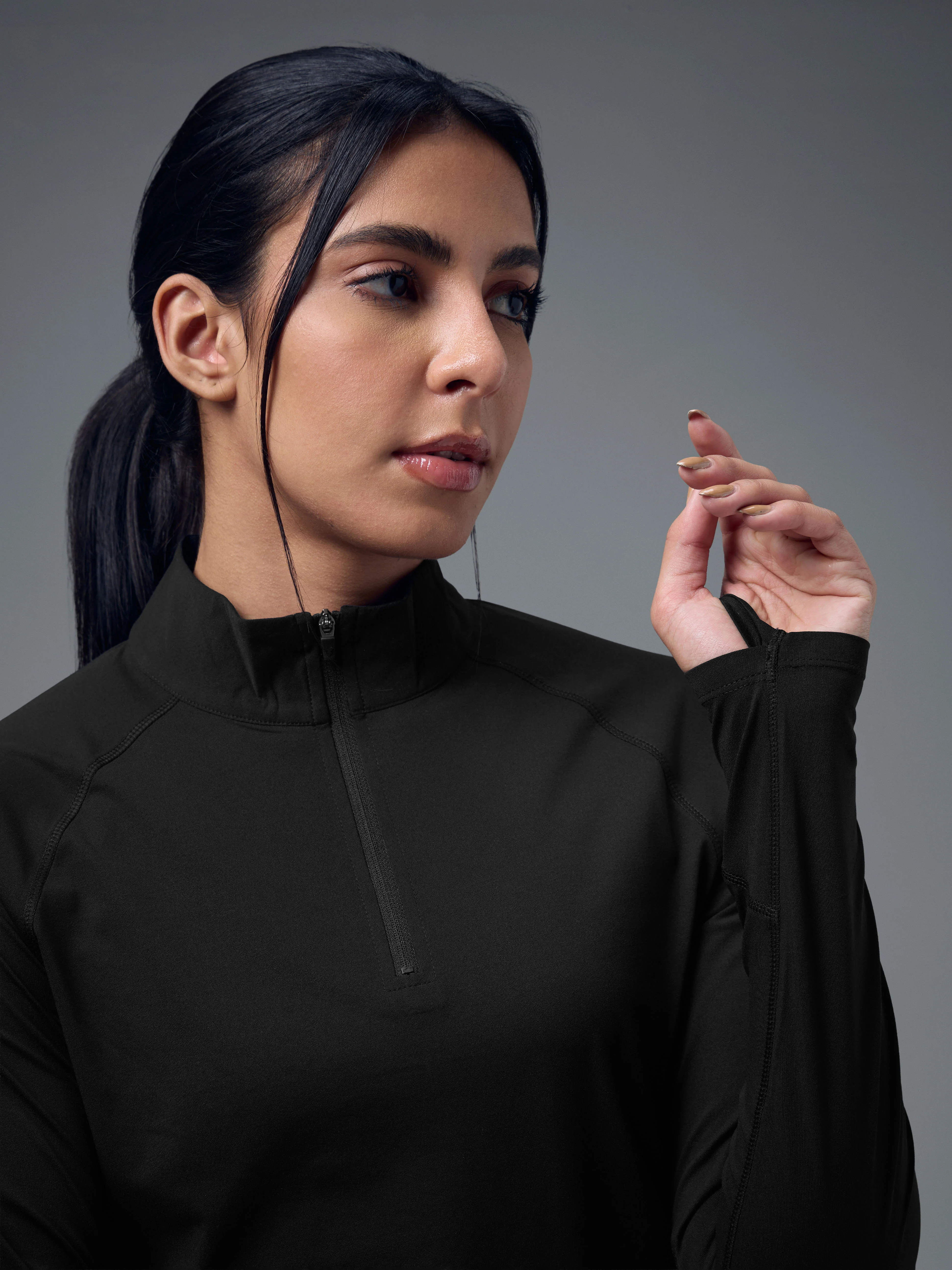Women Slim Fit Mock Neck Thumbhole Sleeve Solid T-shirt with COTFLEX - Image 6