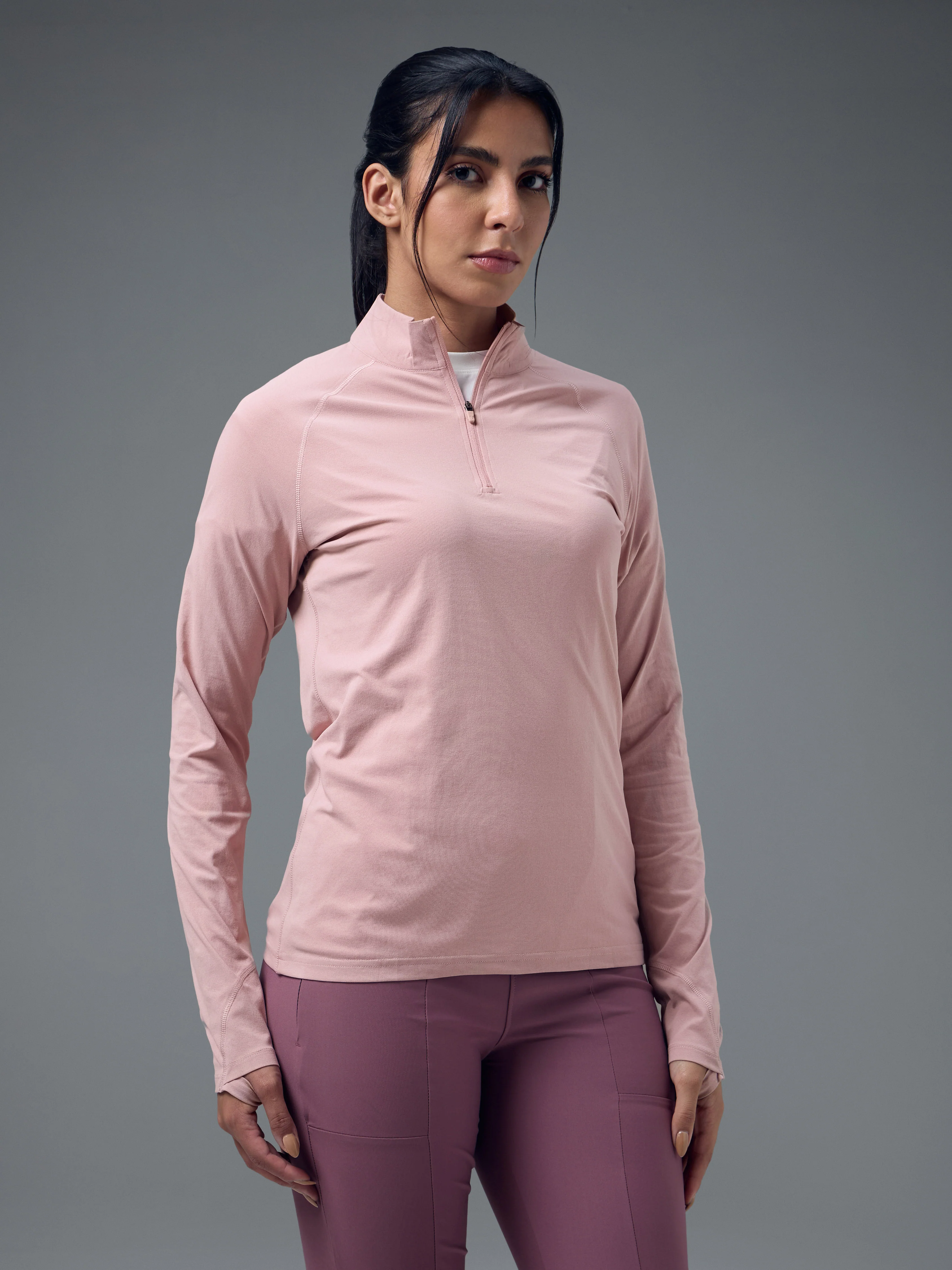 Women Slim Fit Mock Neck Thumbhole Sleeve Solid T-shirt with COTFLEX
