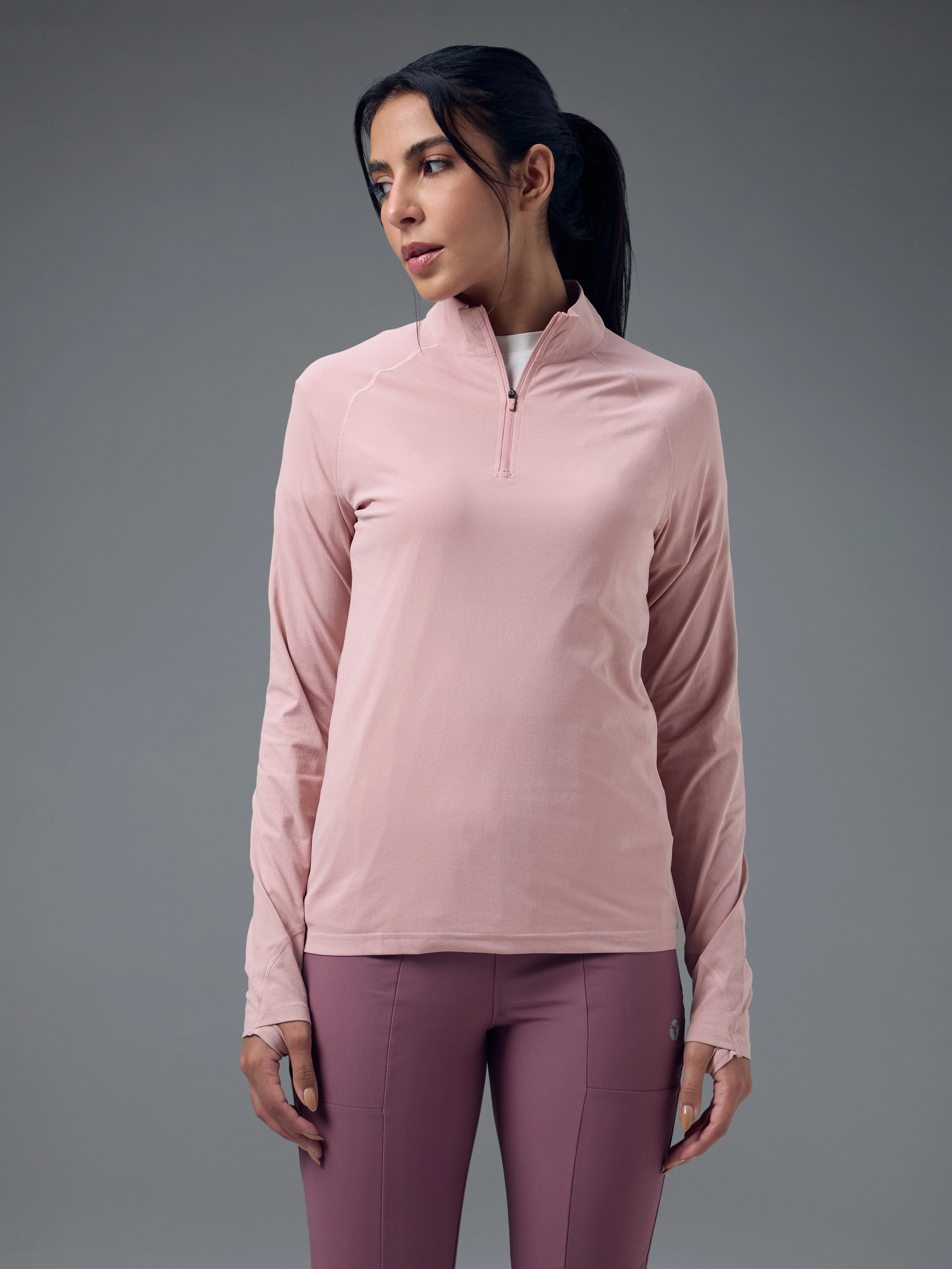 Women Slim Fit Mock Neck Thumbhole Sleeve Solid T-shirt with COTFLEX - Image 2