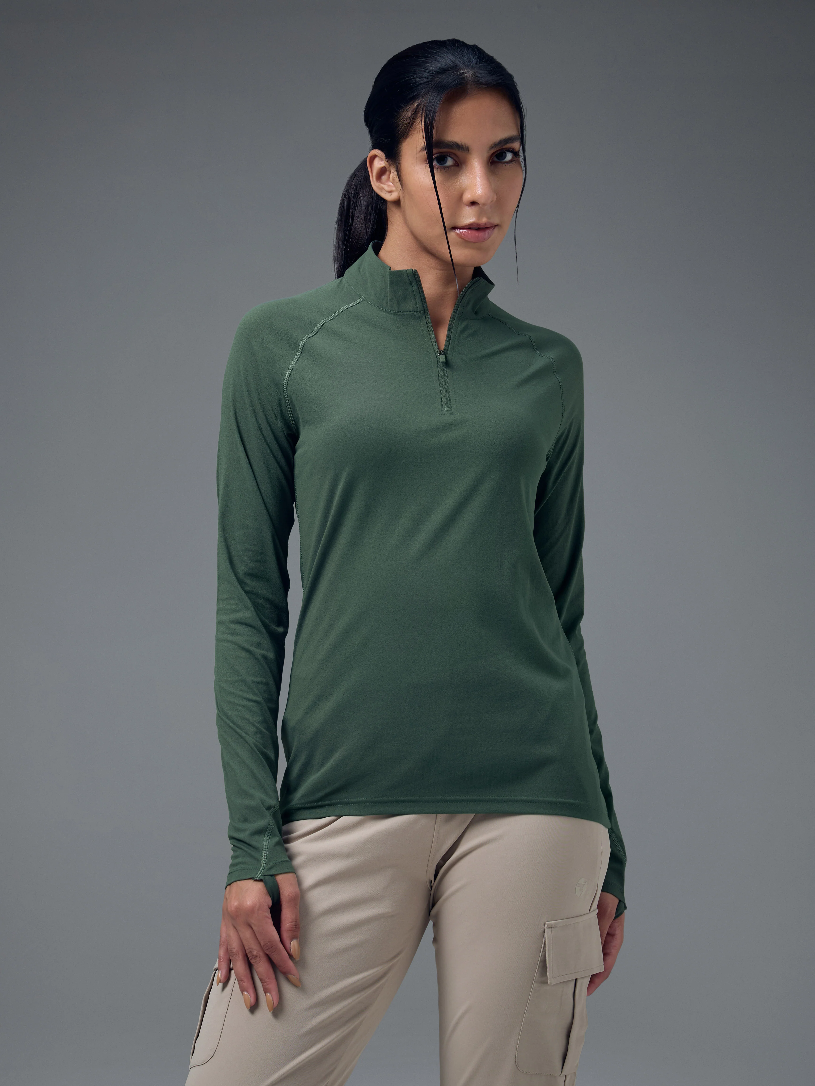 Women Slim Fit Mock Neck Thumbhole Sleeve Solid T-shirt with COTFLEX - Image 2